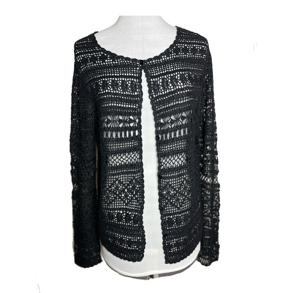 Kate Hill | Black Linen Blend Crochet Open Front Cardigan Lightweight Sweater, M - Picture 1 of 7